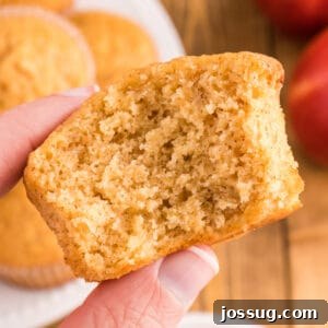 Square close-up of a hand holding a half apple cider muffin, highlighting the moist and fluffy inside texture.