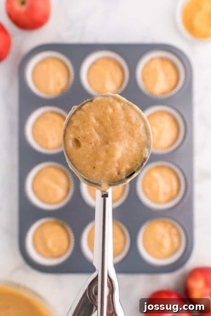 Cider Mill Muffins 8 Batter being scooped with an ice cream scoop over a lined muffin pan filled with apple cider muffin batter.
