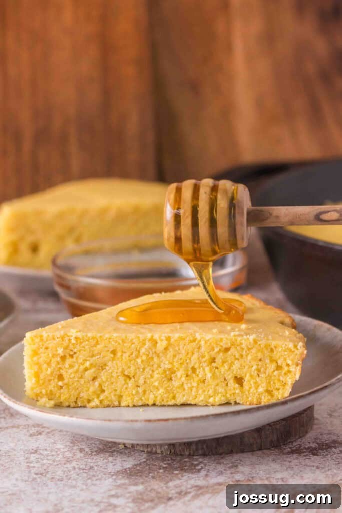 Cultured Cornbread 2 Close-up of a warm cornbread slice with honey drizzled on top, showcasing its moist, tender crumb texture and golden-brown crust.