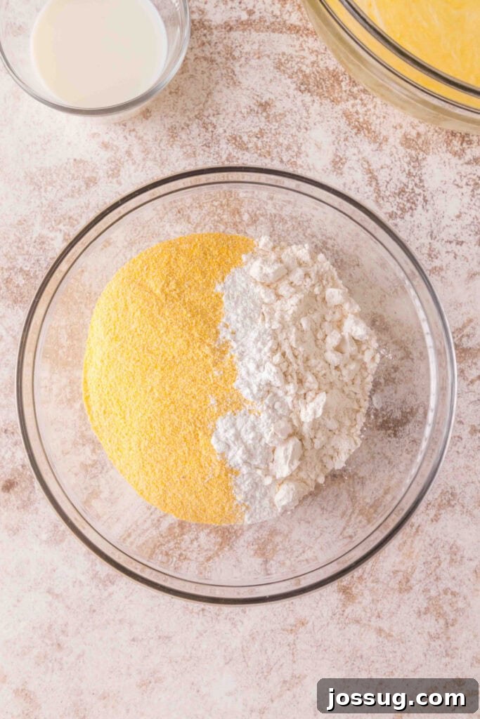 Cultured Cornbread 8 Mixing bowl with yellow cornmeal and flour added together for dry ingredient mixture.