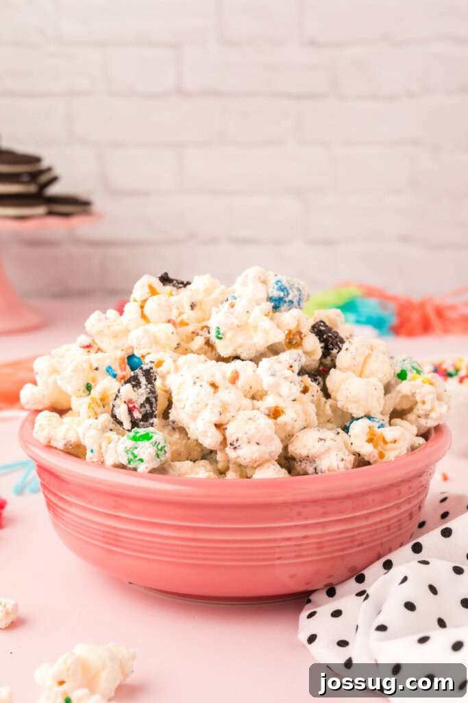 Funfetti Popcorn Treat 4 bowl filled with popcorn snack mix