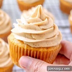 Pumpkin Spice Cream Cheese Frosted Cupcakes 2 Delicious Pumpkin Cupcakes with Pumpkin Spice Cream Cheese Frosting arranged on a platter, ready to be enjoyed.