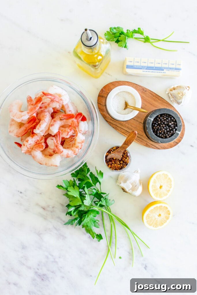 Succulent Air Fryer Garlic Butter Shrimp 3 An inviting overhead view showcasing a vibrant array of fresh, high-quality ingredients artfully arranged on a sleek marble countertop. The spread includes pristine raw shrimp, bright green fresh parsley, a juicy, ripe lemon, creamy unsalted butter, potent minced garlic, golden olive oil, essential kosher salt and black pepper, and a hint of fiery red pepper flakes, all ready for preparation.