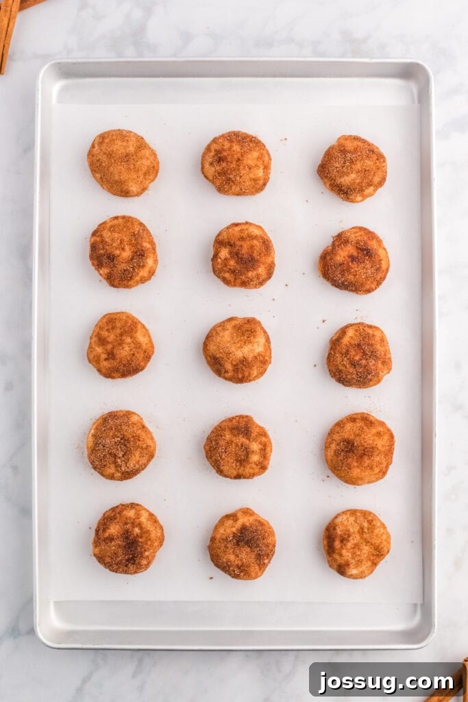 A collection of unbaked apple pie bombs, neatly arranged and spaced on a parchment-lined baking sheet, ready for the oven.