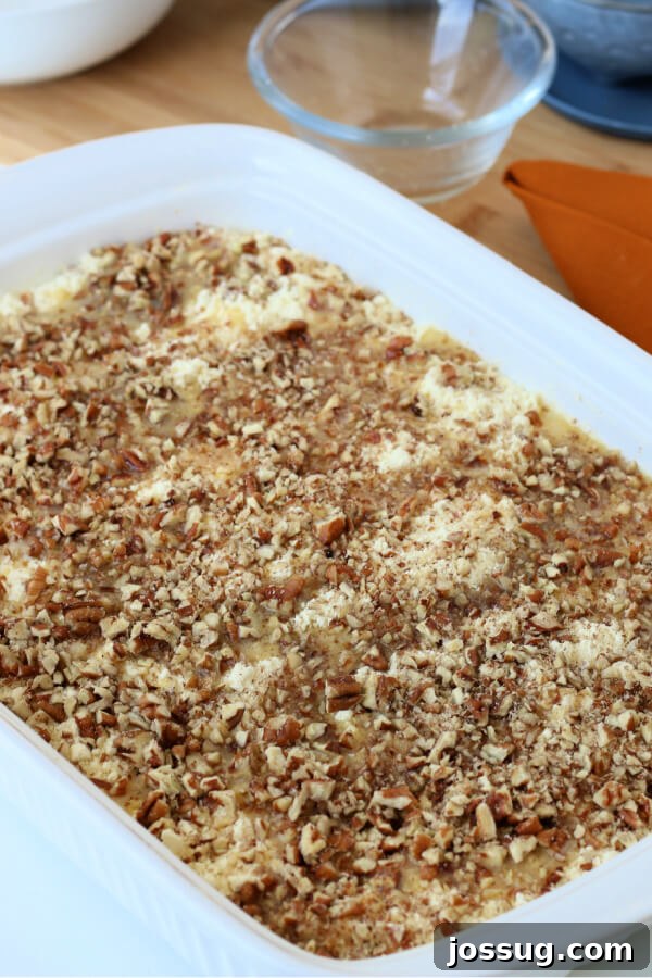 Spiced Pumpkin Crumble Bake 9 Chopped pecans generously sprinkled over the butter-soaked cake mix, forming the final layer before baking.