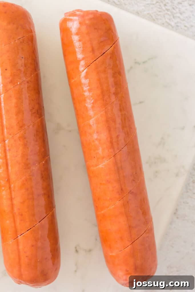 Close-up of scored hot dog sausages before cooking