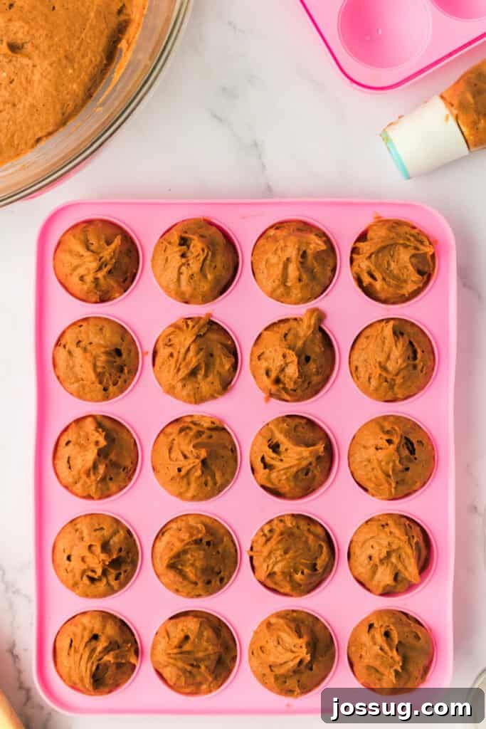 Pumpkin Poppers 7 Pink silicone cake pop mold filled with pumpkin spice donut holes batter before baking.