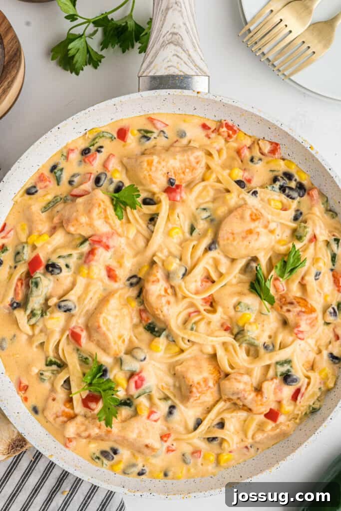 Fiesta Chicken Fettuccine Alfredo 2 Close-up of creamy southwest chicken fettuccine alfredo with beans, corn, and peppers, garnished with fresh cilantro.