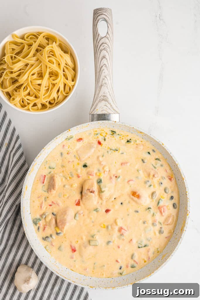 Fiesta Chicken Fettuccine Alfredo 13 The vibrant sauce simmering with chicken, beans, and corn perfectly combined, ready for pasta.