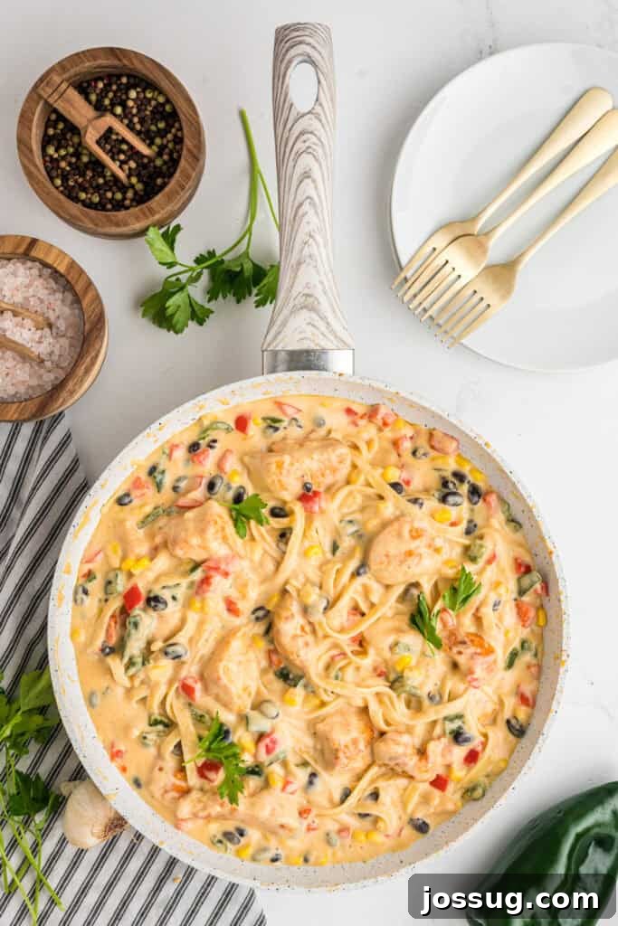 Fiesta Chicken Fettuccine Alfredo 15 The finished Southwest Chicken Fettuccine Alfredo, beautifully tossed and served directly in the skillet, garnished with fresh parsley.