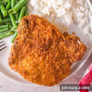 Square image of golden air fryer bone-in pork chop with green beans and rice on a white plate.