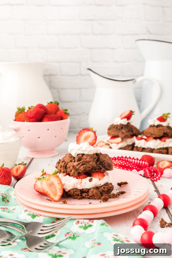 chocolate strawberry shortcake on a light pink plate
