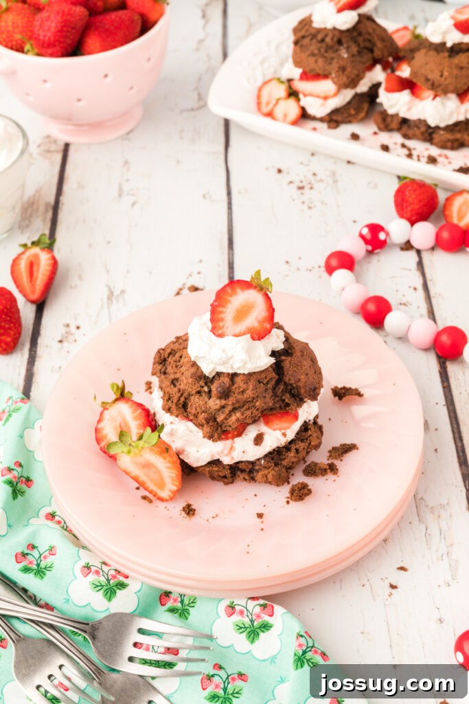 looking down onto a pink plate with chocolate strawberry shortcake