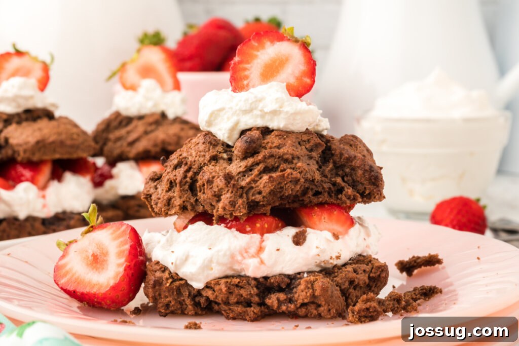 chocolate strawberry shortcake on pink plate