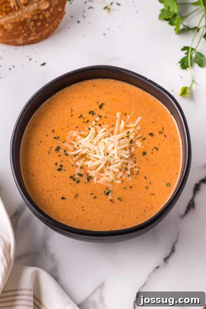 Creamy Slow Cooker Italian Parmesan Tomato Soup 2 A steaming black bowl filled with rich, creamy slow cooker tomato soup, garnished with fresh basil.
