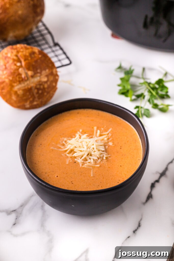 Creamy Slow Cooker Italian Parmesan Tomato Soup 5 A close-up view of rich, black bowl filled with perfectly smooth and creamy tomato soup, invitingly warm.