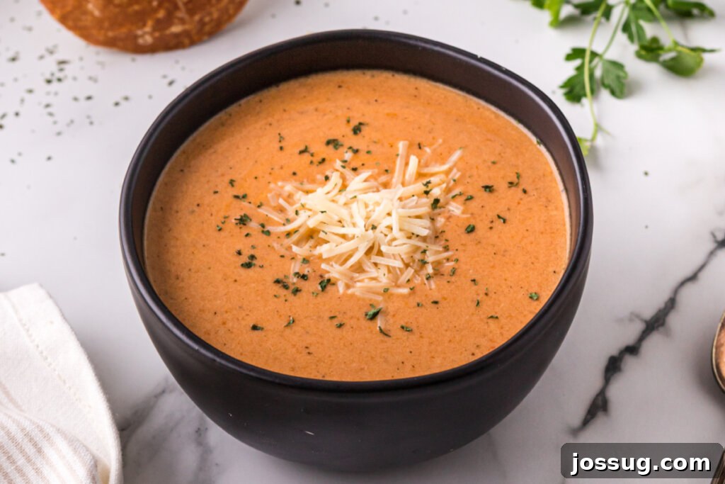 Creamy Slow Cooker Italian Parmesan Tomato Soup 6 A black bowl of slow cooker tomato soup, garnished with fresh basil leaves and a sprinkle of Parmesan cheese.