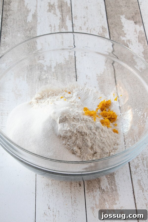 Dry ingredients for the coffee cake batter mixed in a large mixing bowl.