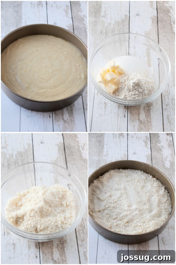 The cake batter in the pan with streusel topping being sprinkled over it, ready for baking.