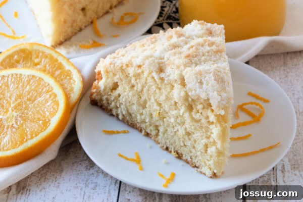 A close-up shot of a perfect slice of Orange Streusel Coffee Cake on a plate, highlighting the crumb texture and streusel.