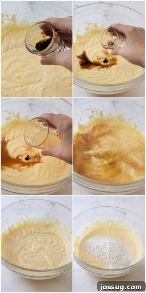Adding vanilla and lemon extracts, fresh lemon juice, lemon zest, and half of the dry flour mixture to the cupcake batter