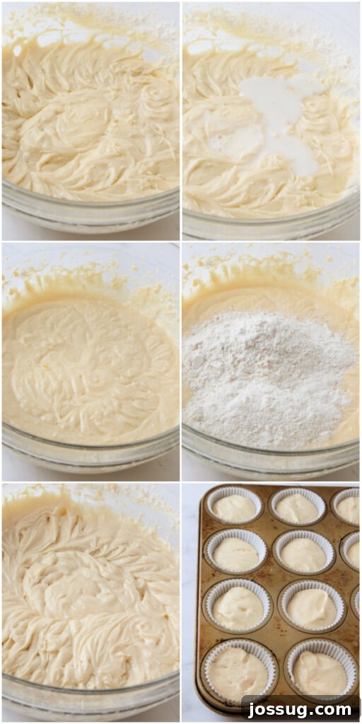 Adding milk and the remaining flour mixture to the batter, then scooping batter into cupcake liners for baking