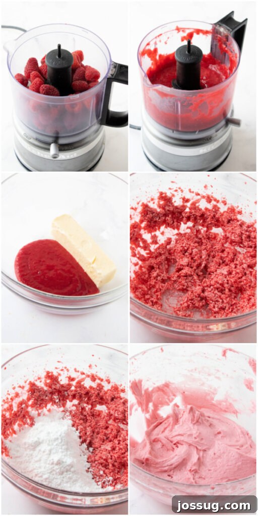 Step-by-step guide showing how to make smooth raspberry buttercream frosting from scratch using fresh raspberries