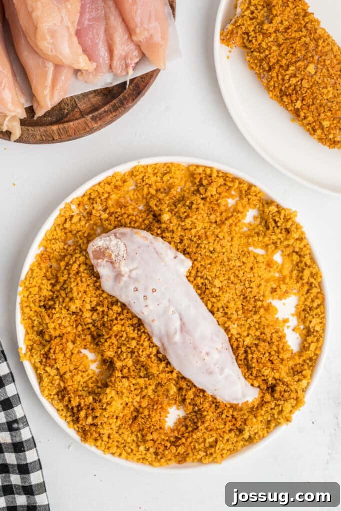 Buttermilk-coated chicken tenderloin carefully placed in seasoned corn chip crumbs, ready for final breading.
