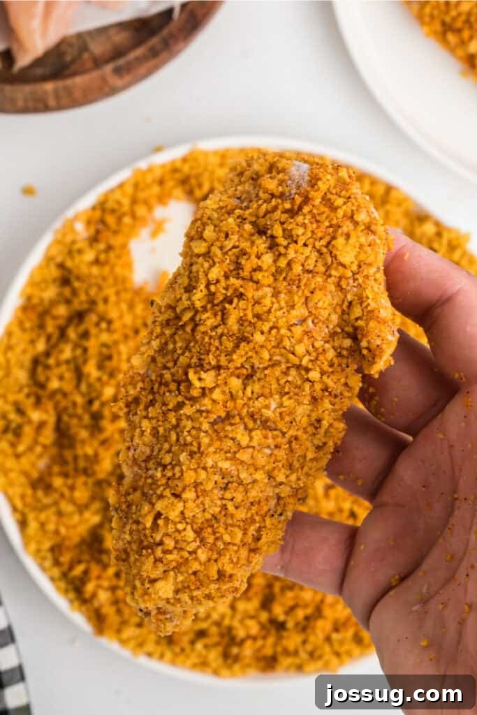 Hand holding a raw chicken tenderloin perfectly coated in the crushed corn chip mixture, ready for cooking.