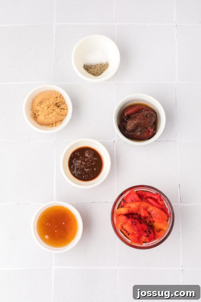 Smoky Sweet Air Fryer Chipotle Honey Glazed Wings 4 Small bowls with chipotle peppers, roasted red peppers, honey, brown sugar, chipotle sauce, salt, and pepper for the wing sauce.