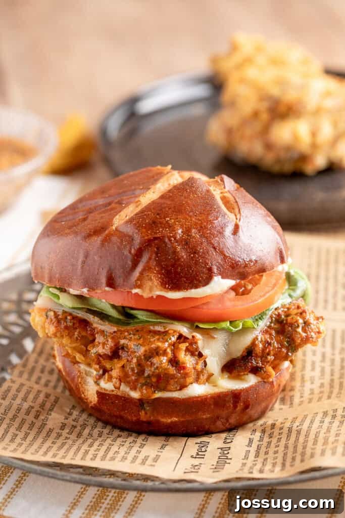 Cowboy Butter Chicken Crunch Sandwich 2 Close-up of a Cowboy Butter Crispy Chicken Sandwich on a pretzel bun with lettuce, tomato, and melted cheese, showcasing the crispy texture and rich toppings.