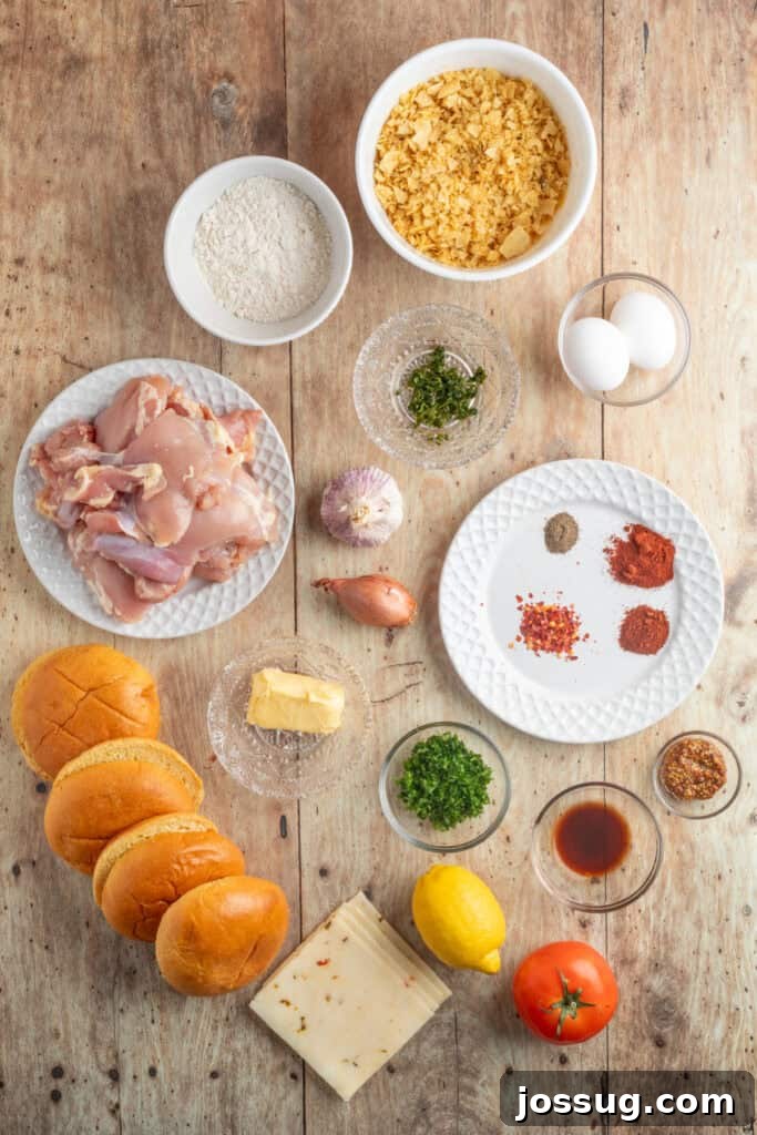Cowboy Butter Chicken Crunch Sandwich 3 Overhead view of Cowboy Butter Crispy Chicken Sandwich ingredients including chicken thighs, various buns, potato chips, flour, eggs, spices, and fresh herbs beautifully arranged on a rustic wooden table, highlighting freshness and quality.