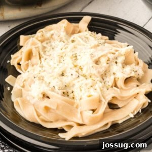 closeup bowl of pasta eith better for you alfredo sauce