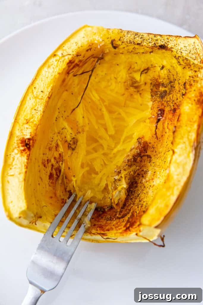 Fork scraping strands from the roasted spaghetti squash inside its shell.