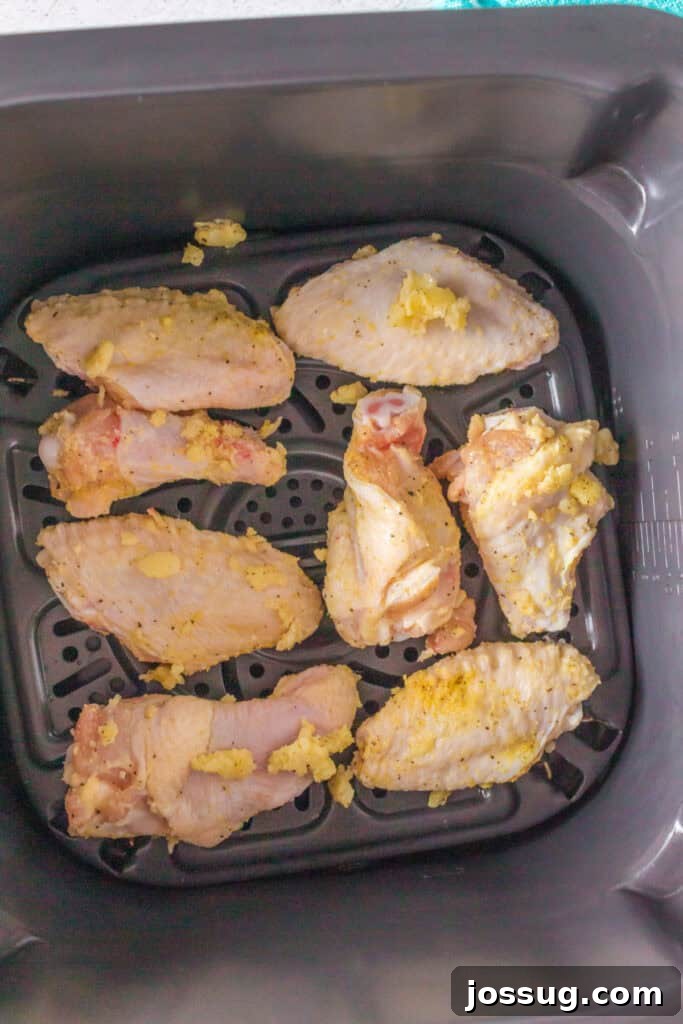 Crispy Air Fryer Lemon Pepper Wings 10 Uncooked seasoned chicken wings arranged in a single layer in the air fryer basket.