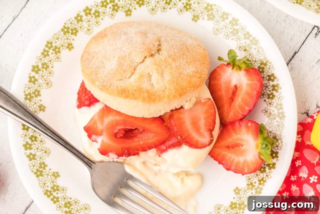A complete Strawberry Shortcake with Lemon Cream Sauce, beautifully presented on a plate with scattered sliced strawberries and a fork, highlighting its inviting appeal.