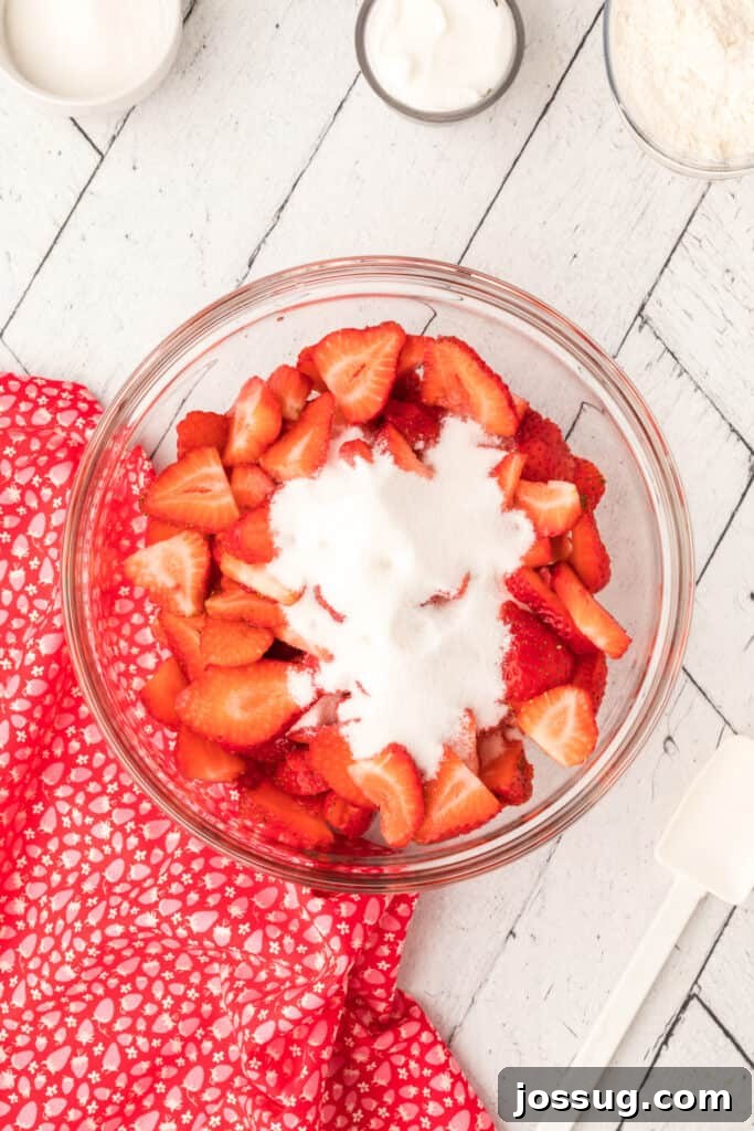 Freshly sliced strawberries in a clear glass bowl, glistening with granulated sugar sprinkled over them, indicating the maceration process.