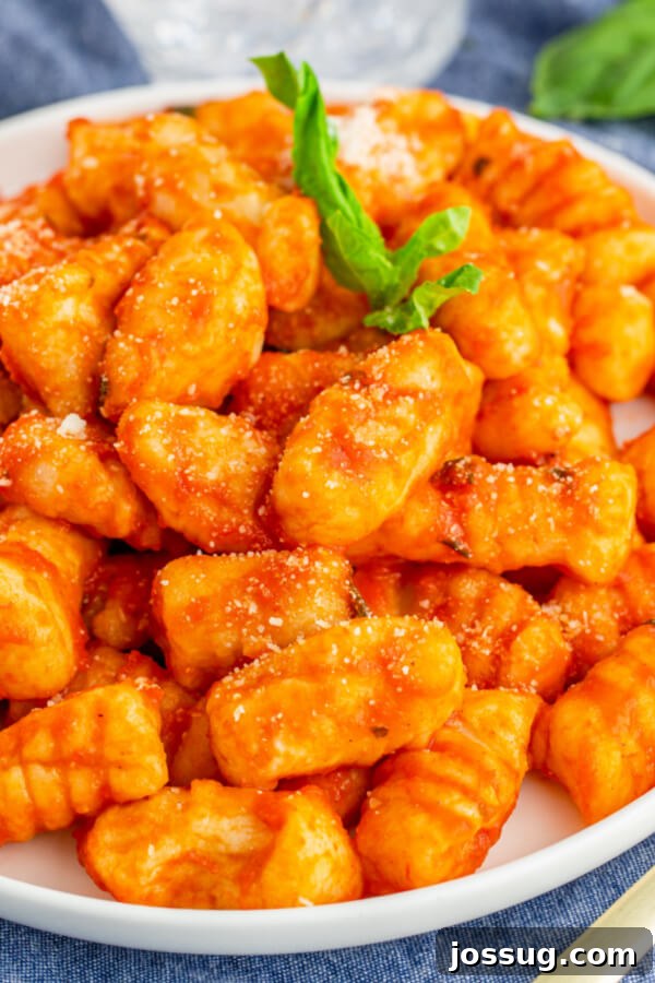 Pillowy Soft Potato Gnocchi 4 Cooked potato gnocchi tossed in a rich red marinara sauce, garnished with fresh herbs