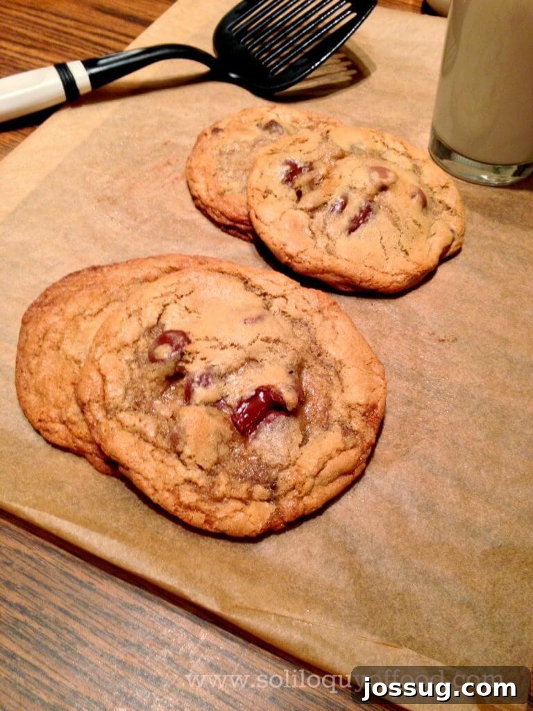 Two perfectly baked chocolate chip cookies, one with a bite taken, showing its soft and gooey interior filled with melted chocolate.