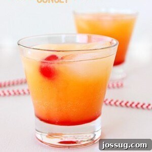 Fiery Skies of Arizona 2 Two glasses of Arizona Sunset drink with ice and orange slice garnishes, set against a blurred background.