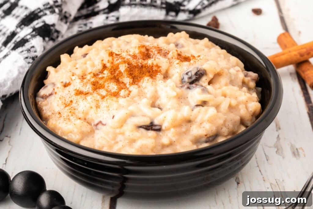 Creamy Rice Pudding Delight 5 A large black bowl brimming with creamy Arroz con Leche, garnished and ready to be served.