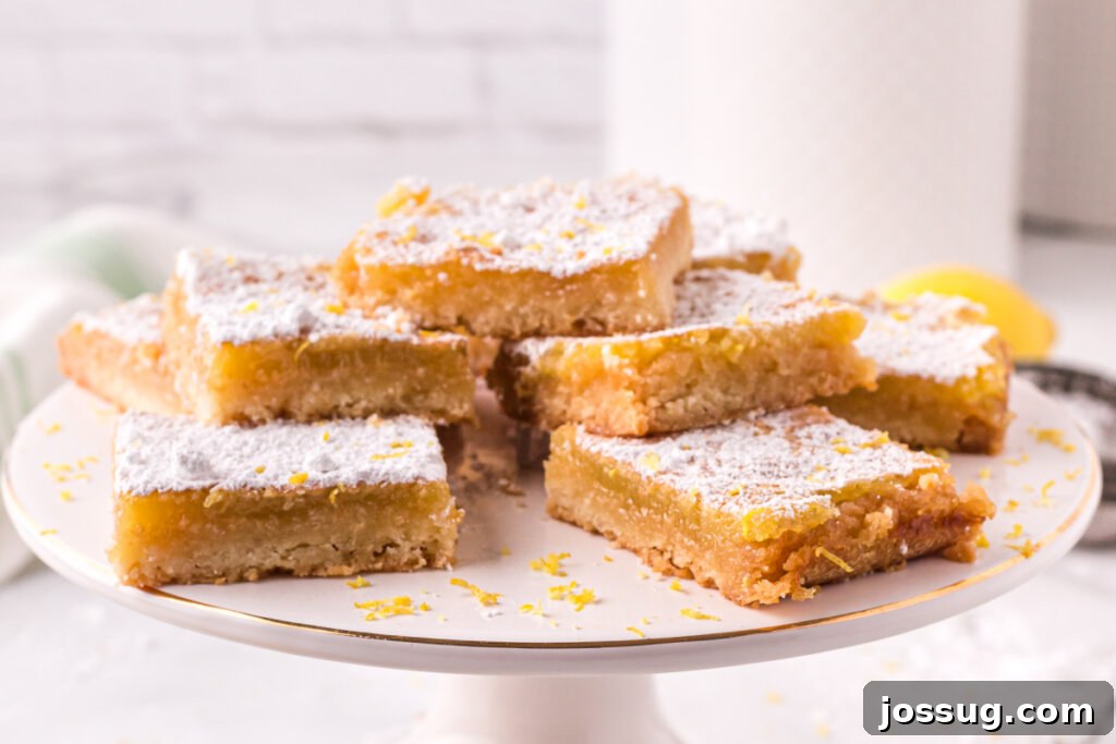 Lemon bars beautifully arranged on a white serving plate, dusted with powdered sugar.