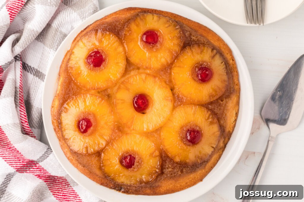 A whole pineapple upside-down cake adorned with pineapple slices and maraschino cherries on a serving plate