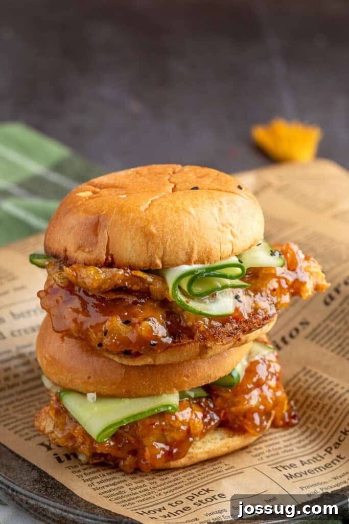 Stack of two finished Orange Chicken Sandwiches, layered with glazed chicken, crisp cucumber ribbons, and sesame seeds on perfectly toasted buns.