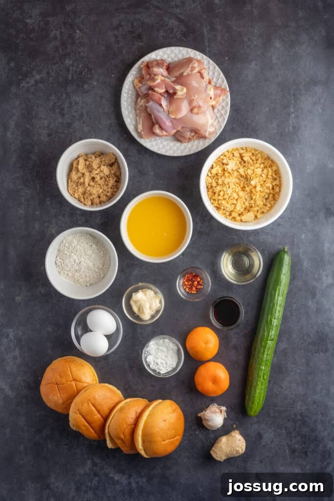 Overhead view of Orange Chicken Sandwich ingredients laid out, including uncooked chicken thighs, all-purpose flour, brown sugar, orange juice, fresh cucumber, toasted sandwich buns, and various spices and condiments.