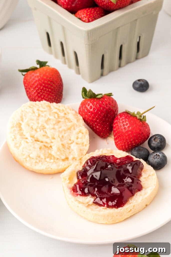 The Ultimate Homemade Buttermilk Biscuits 2 Delicious Homemade Buttermilk Biscuits on a plate, split open with jelly
