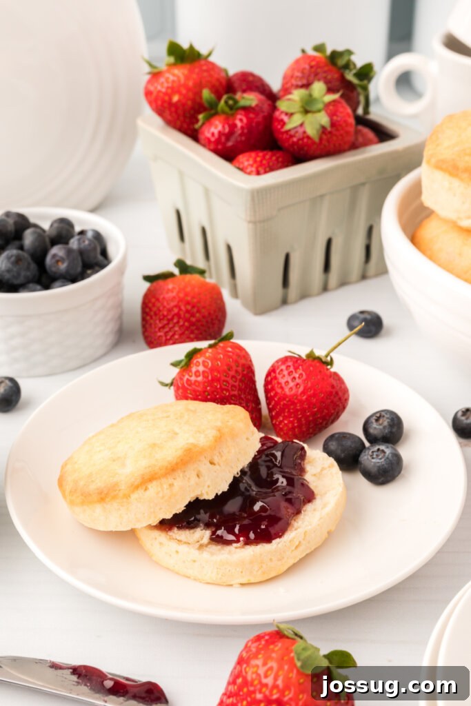 The Ultimate Homemade Buttermilk Biscuits 4 Buttermilk biscuit with a spoonful of jelly on a plate