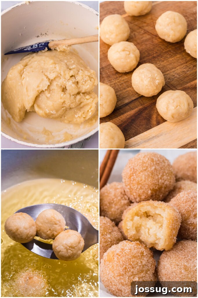Poppable Churros 4 step-by-step process demonstrating how to make churros poppers, showing dough and frying stages