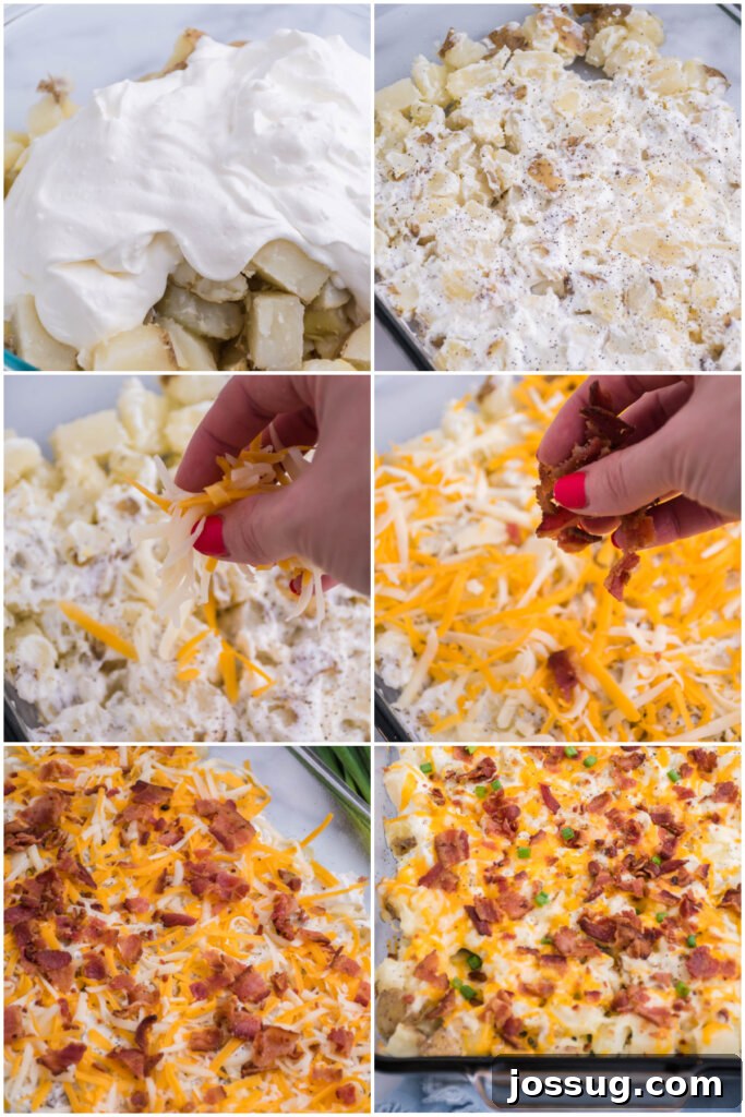 Step-by-step image showcasing the mixing process of potatoes and sour cream for the twice-baked potato casserole.