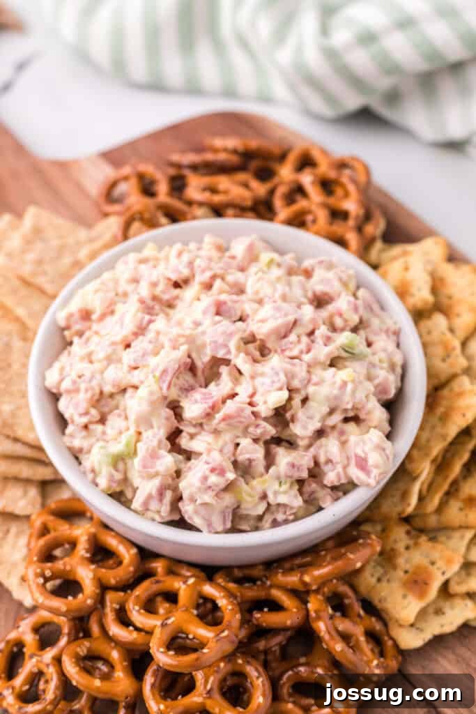 ham salad in bowl with assorted chips, crackers, and pretzels for dipping